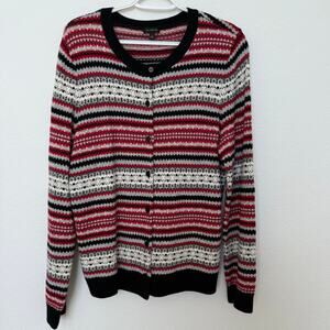 Talbots Fair Isle Nordic‎ Button Up Cardigan Red Black White Large Lambswool